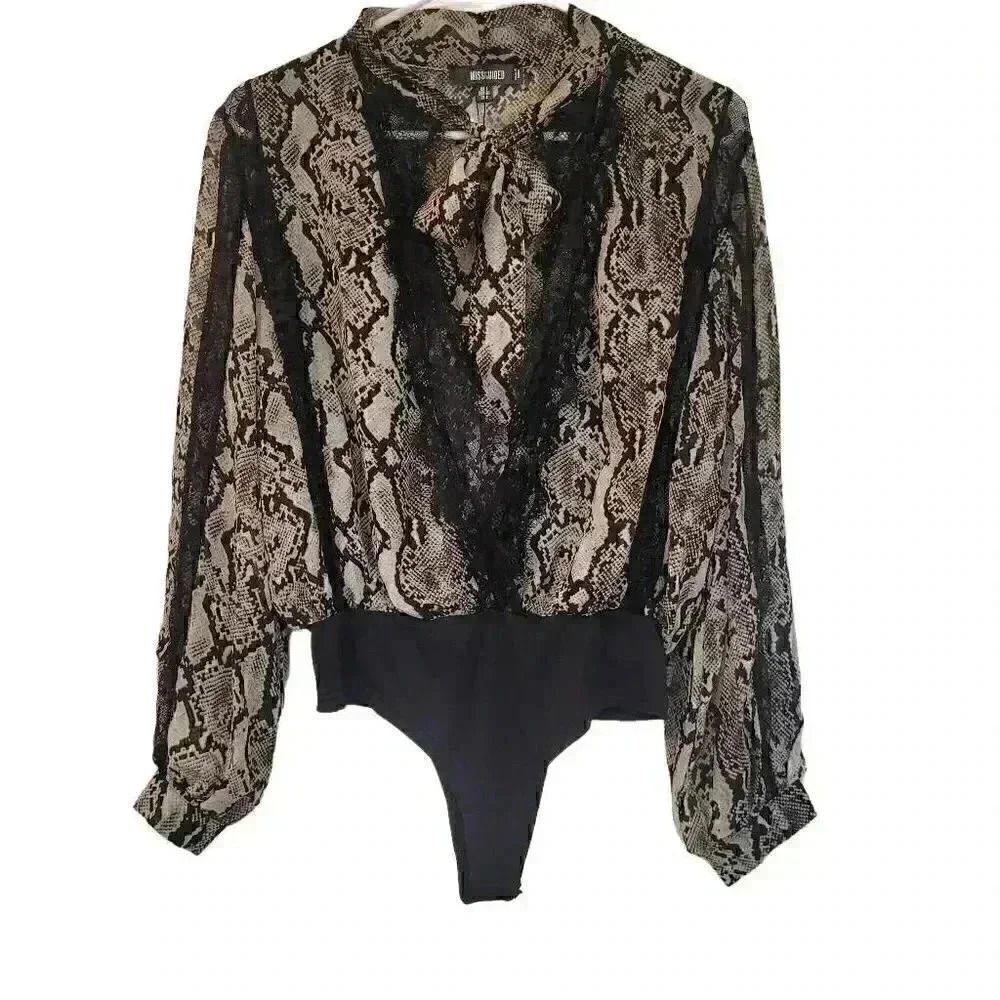 Missguided Women's Black/Tan/White Snakeskin Poly Print w Black Lace Bodysuit NE